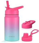 mininoo Insulated Kids Water Bottle for School, 12 oz Stainless Steel with Straw Lid and Chug Lid...