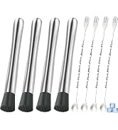8Pcs 10'' Muddler and Spoon Set for Cocktails 304 Stainless Steel Fruit Smasher Home Bar Bartende...