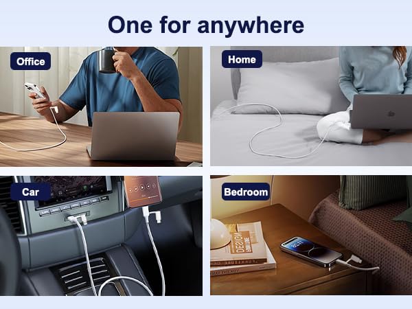Text reads 'One for anywhere'. Collage of images showing laptop usage in different settings - office desk, home, and bedroom scenarios.