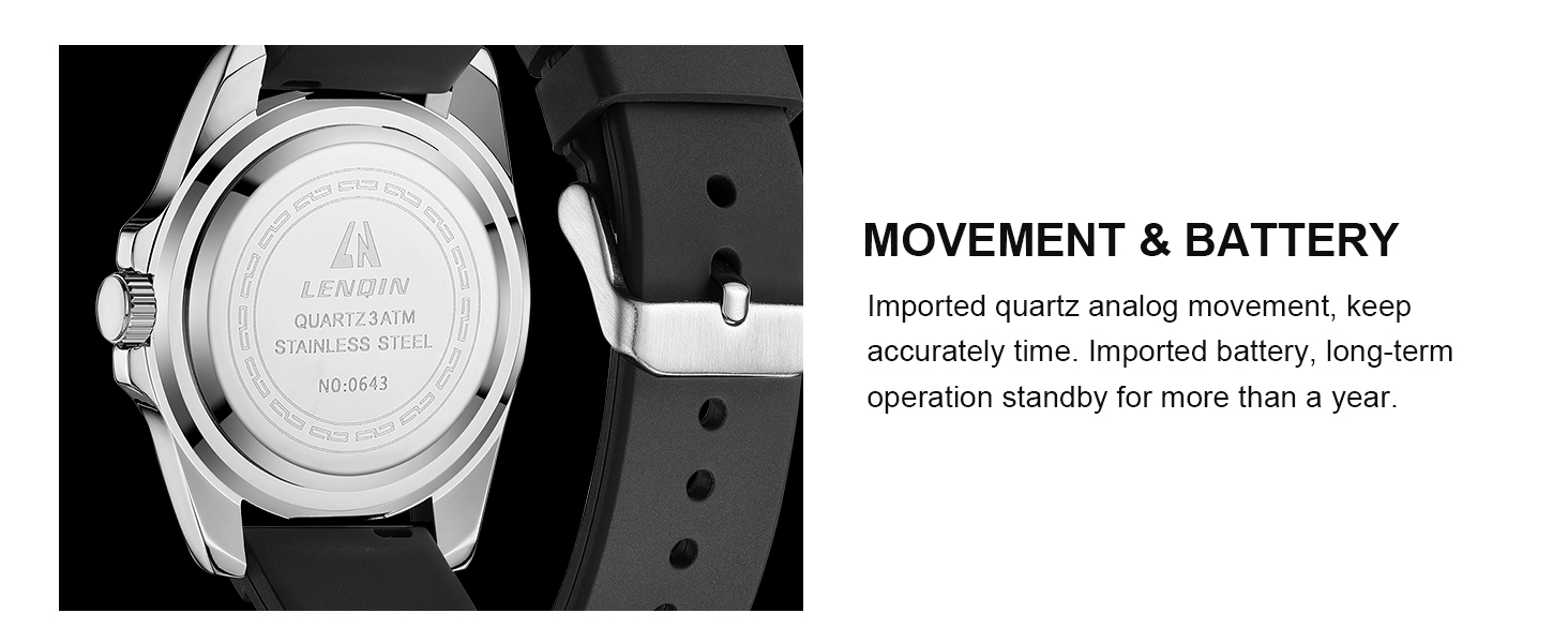 Text reads 'MOVEMENT & BATTERY' with subtitle 'Imported quartz analog movement. Keep acceptable time. Imported battery, long-term operation standby for more than a year'. Watch back showing mechanical movement and battery compartment.