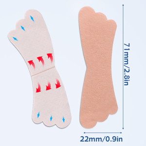 Adhesive foot-shaped pads in beige color with red markers, measuring 71mm/2.8in in length and 22mm/0.9in in width