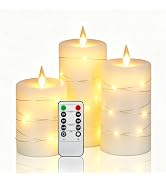 Da by 3 Pack Ivory Real Wax Flameless Taper Candles, Lifelike Flickering LED Flame Candles with S...