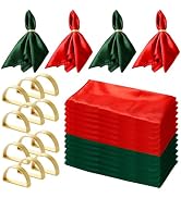 Kalopro Christmas Satin Cloth Napkins and Napkin Rings Set of 24, 20" x 20" Washable Reusable Red...