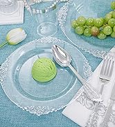 FLOWERCAT 175PCS Clear Silver Plastic Plates -Include 50 Plates, 25 Cups, 25 Forks, 25 Knives, 25...