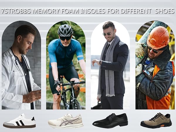 Memory foam insoles product comparison showing four different shoe styles below lifestyle activity images, demonstrating various use cases.