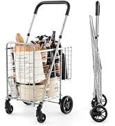 Goplus Folding Shopping Utility Cart, Double Basket and 360° Swivel Wheels, Adjustable Handle, Sm...