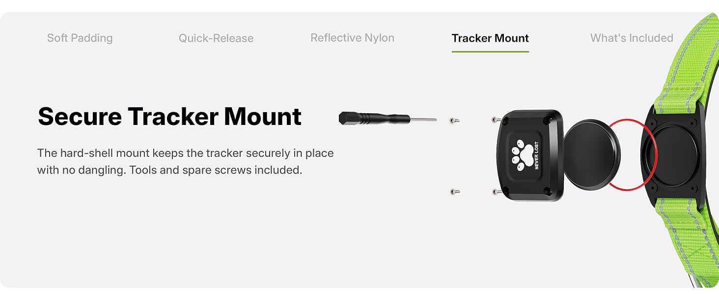 Hard shell mount holds the locator tag flush on the collar with screws and tools included