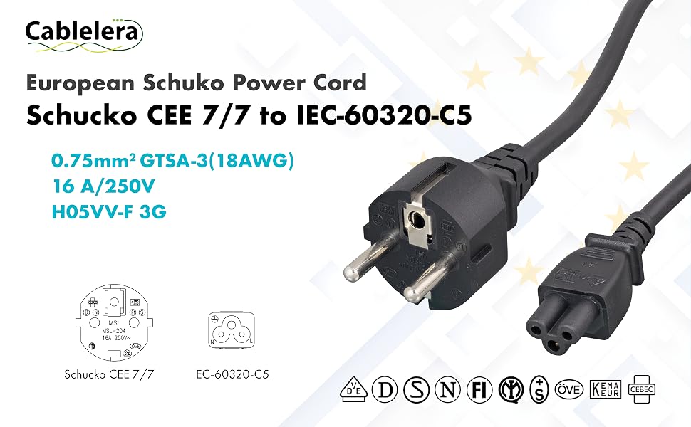 Cablelera CEE 7/7 to C5 Power Cord