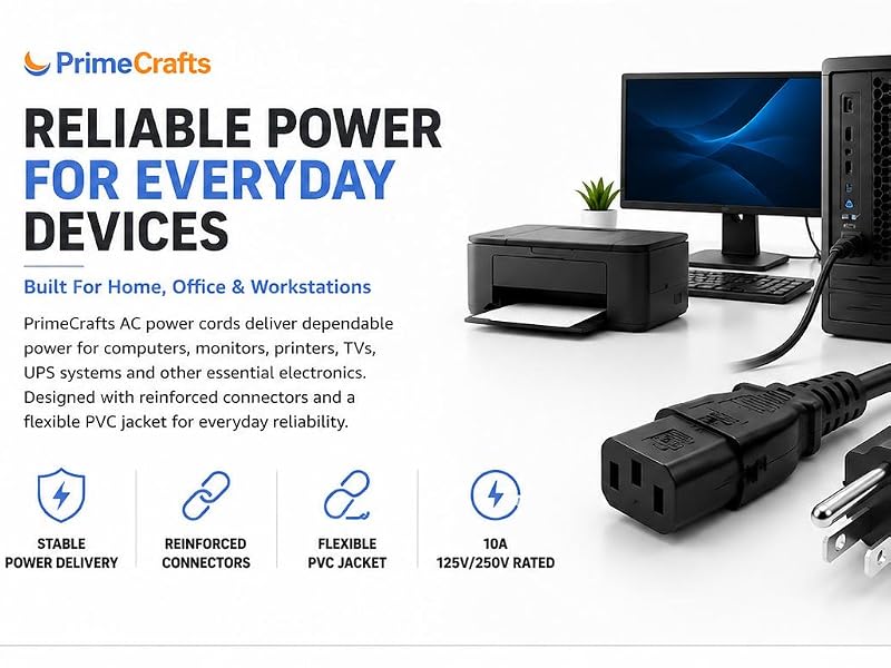 PrimeCrafts AC power cable providing reliable power for computers monitors printers electronics