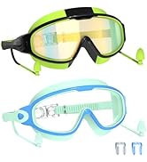 YLKJSWIM Swim Goggles for Kids 3-15 with Earplugs Large Frame Anti-Fog/UV Swimming Goggles for Bo...