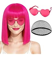 PLULON Short Hot Pink Straight Bob Wig with Bangs Shoulder Length Heat Resistant Synthetic Hair W...