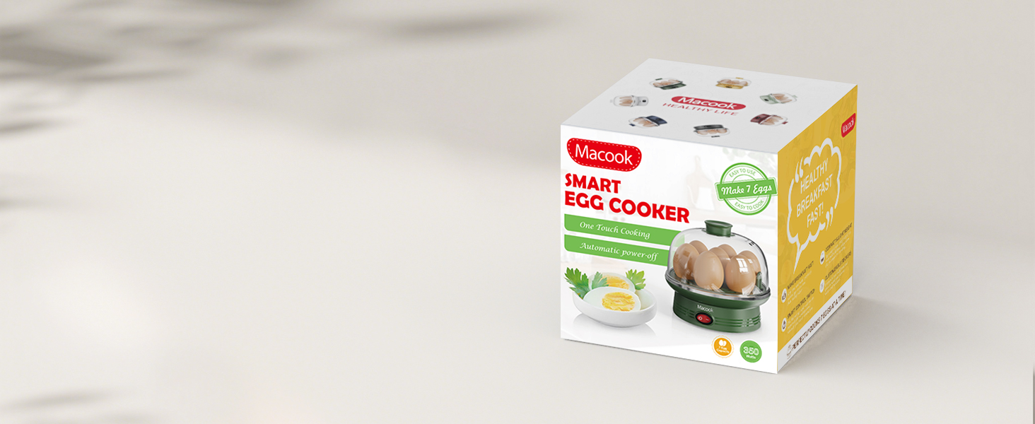 Boxed electric egg cooker with capacity for 7 eggs. Features include auto shut-off, measuring cup, and BPA-free construction. Product box shows device and cooked eggs.
