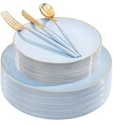 DaYammi 150Pcs Blue Plastic Plates with Gold Rim,Disposable Blue Party Plates Include 30 Dinner P...