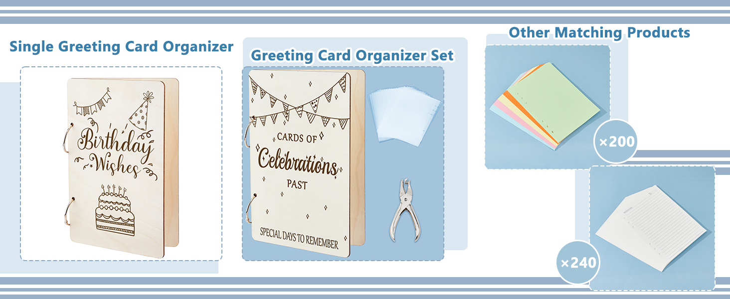 Greeting card organizers and accessories: wooden box with birthday design, set with celebrations box and hole punch, and matching products including colored papers and envelopes.