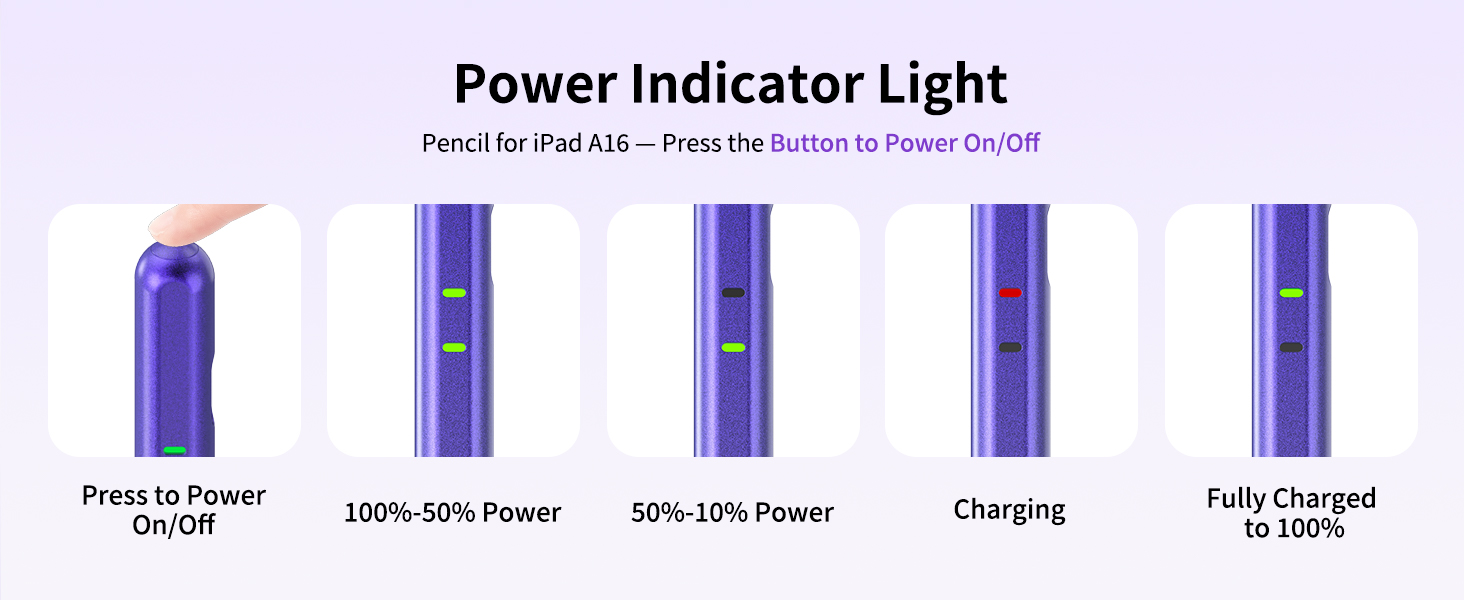 Power status lights—Alternative to Apple iPad Pencil, iPad Air Pencil, Apple iPad Pen, Pencil Pro.