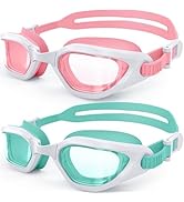 Kids Swim Goggles in Dual-Tone, Adjustable Nose Pads & Soft Silicone for Leak-proof(6-14), Clear ...