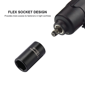Flex socket design, provides more access to fasteners in tight confines