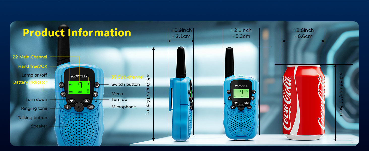 Product size info and keypad instruction for Soopotay kids walkie talkies