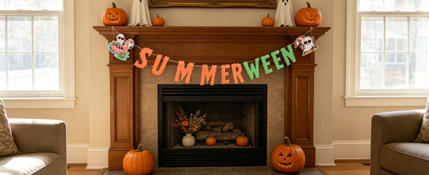 Summerween banner above fireplace mantel, ghost and melon lantern.