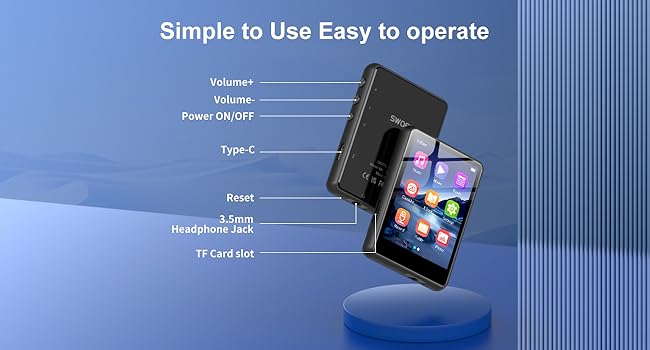 Portable electronic device with smartphone display, showing labeled ports and buttons: volume controls, power, Type-C, reset, headphone jack, and TF card slot. Device floats above blue pedestal.