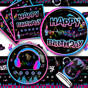 Birthday party supplies featuring neon-colored 'Happy Birthday' text on black backgrounds. Includes plates, napkins, and decorations with music-themed designs.