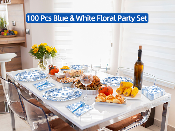 100 Pcs Blue and White Floral Tableware Party Supplies Set