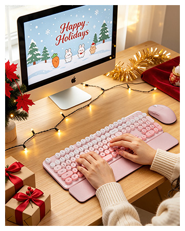 Hands typing on a pink typewriter-style keyboard with matching mouse on a festive holiday desk.