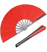 HONSHEN 2 Pack Large Folding Hand Fan, red Chinese Kung Fu Tai Chi Fan Nylon-Cloth Fan for Men an...