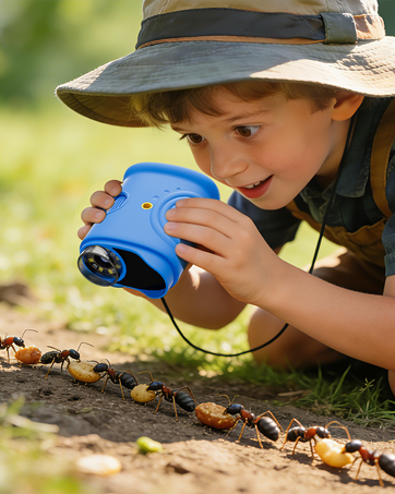 Series of images showing someone using a blue magnifying device outdoors while lying on the ground, examining items in nature.