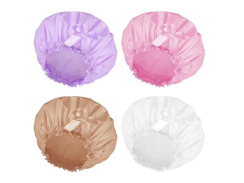 4 Shower Caps with Bow - White Pink Purple Light Coffee