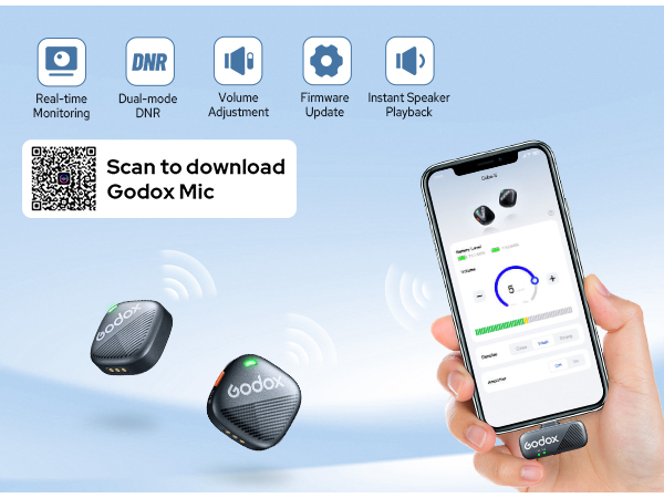 Godox wireless microphone system with two small transmitters and smartphone app. Features include real-time monitoring, dual-mode DNR, volume adjustment, firmware update, and instant speaker playback.