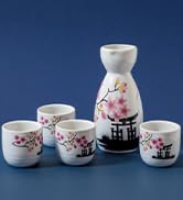 HIBINO Japanese Sake Set - 1 Tokkuri Bottle (5 Oz) & 4 Ochoko Cups (1.3 Oz) - 5pc Ceramic Sake Se...