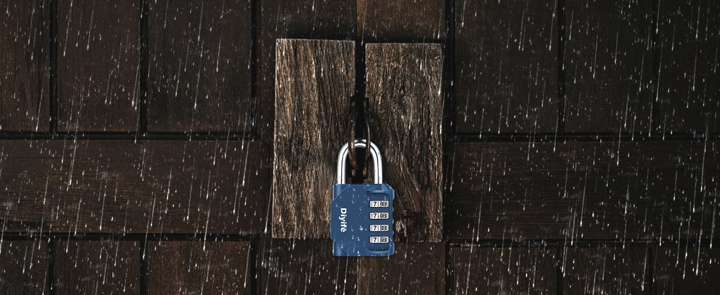 Combination lock hanging on dark wooden surfacev