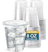 SHOPDAY 8 oz-Plastic-Cups-with-Lids - 150 Pack Disposable Clear Cups with Lids, Small Cups for Co...