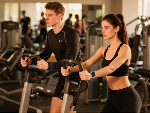 Series of fitness scenes showing people exercising with equipment in a gym setting, focusing on various workout activities.