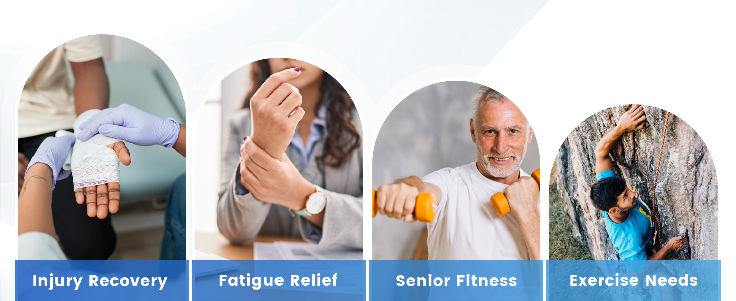 Four-panel image showing hands using small exercise tools: grip strengthener, wrist stretcher, hand weights, and rock climbing. Labeled for injury recovery, fatigue relief, senior fitness, and exercise needs.