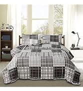 Bedspread Set Queen/Full Size Quilt Set Plaid Bed Spread Coverlet Black White Grey Plaid Patchwor...