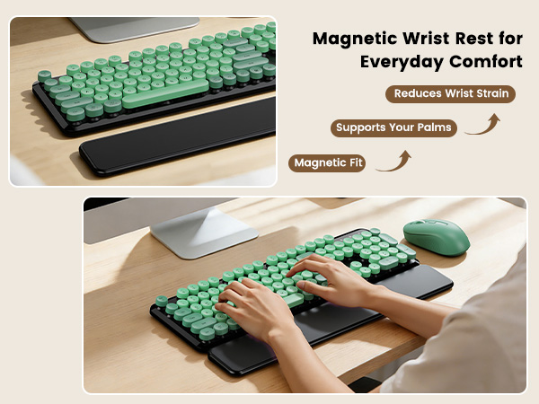 Green Black round-key keyboard and mouse with magnetic wrist rest shown for comfortable typing.