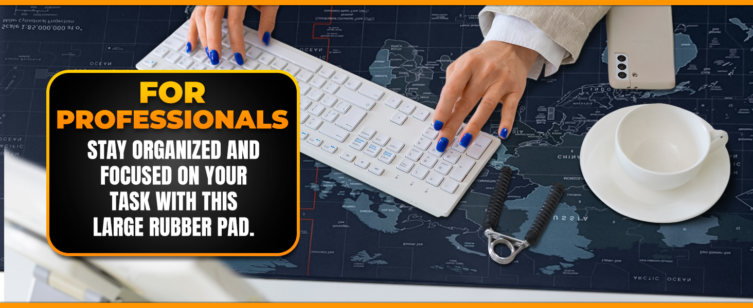 Large desk mat with world map design for organized professional workspace