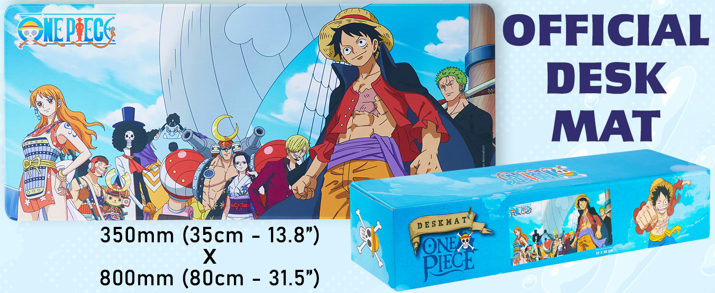 Text reads 'OFFICIAL DESK MAT' with dimensions '355mm (35cm - 13.8")' and '809mm (80cm - 31.5")'. One Piece anime themed desk mat product display.