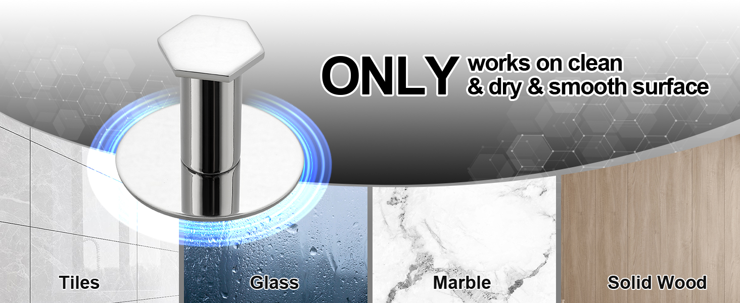 Cylindrical metal hook with hexagonal top, shown on various surfaces. Text indicates it works on clean, dry, smooth surfaces like tiles, glass, marble, and solid wood.