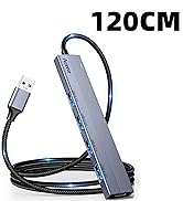 Silver aluminum USB hub with braided black cable, measuring 120CM in length. Features multiple USB ports along its elongated housing.