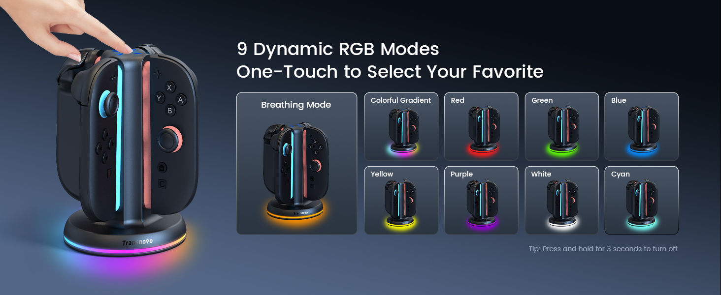 RGB lighting device with 9 dynamic modes. Cylindrical black base with colorful light strip. Hand touching top. Interface shows different lighting patterns and colors available.