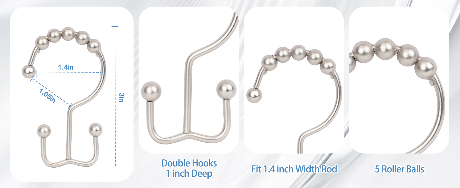 Double Glide Shower Hooks Rings, stainless steel shower curtain rings, rust resistant hooks
