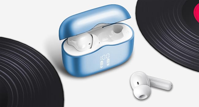Light blue wireless earbuds charging case with white earbuds inside. One earbud shown separately. Vinyl records visible in background.