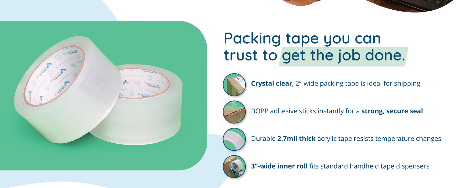 Clear packing tape with a strong secure seal, fits standard tape dispensers