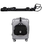 Black adjustable luggage strap with plastic buckles shown above a silver hardshell suitcase with attached black travel bag. Demonstrates strap's use in securing additional baggage to luggage.