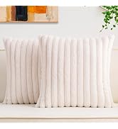 Aegero Pack of 2 Faux Fur Christmas Throw Pillow Covers 18x18 Inch, Soft Plush Striped Neutral Co...