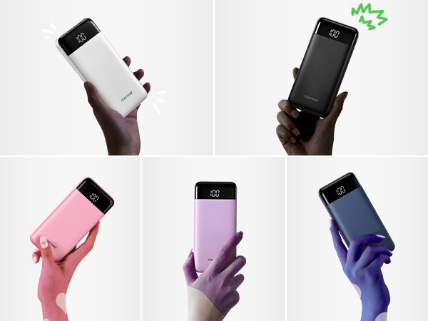 Collection of smartphone power banks in various colors including white, pink, purple, and blue, each shown being held against different colored backgrounds.