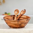 Natural wood cutting boards, serving tray, salad bowls displayed as kitchen essentials